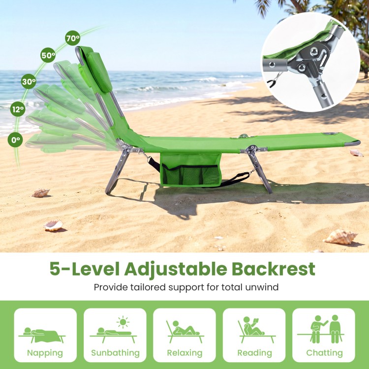 Folding beach lounge chair in lawn-green with 5 adjustable backrest positions for sunbathing, napping, or reading.