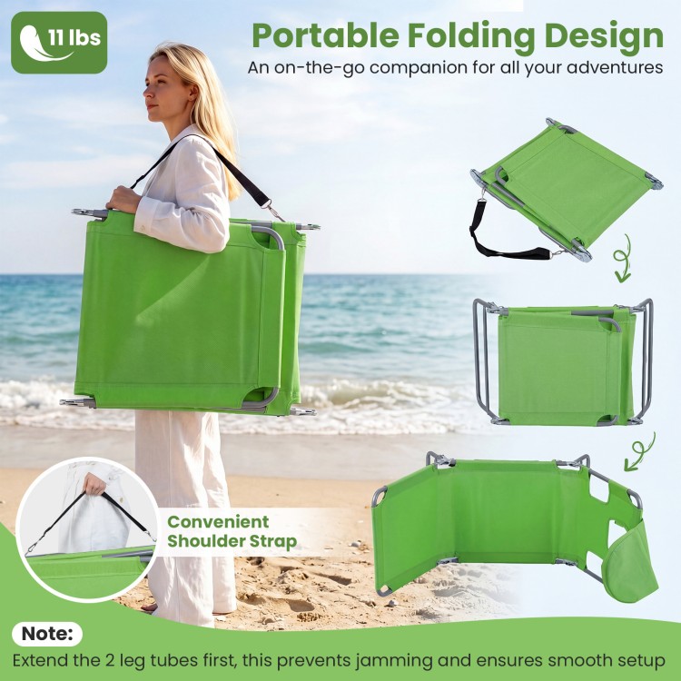 Folding beach lounge chair in lawn-green with adjustable backrest, portable design, perfect for beach or pool.