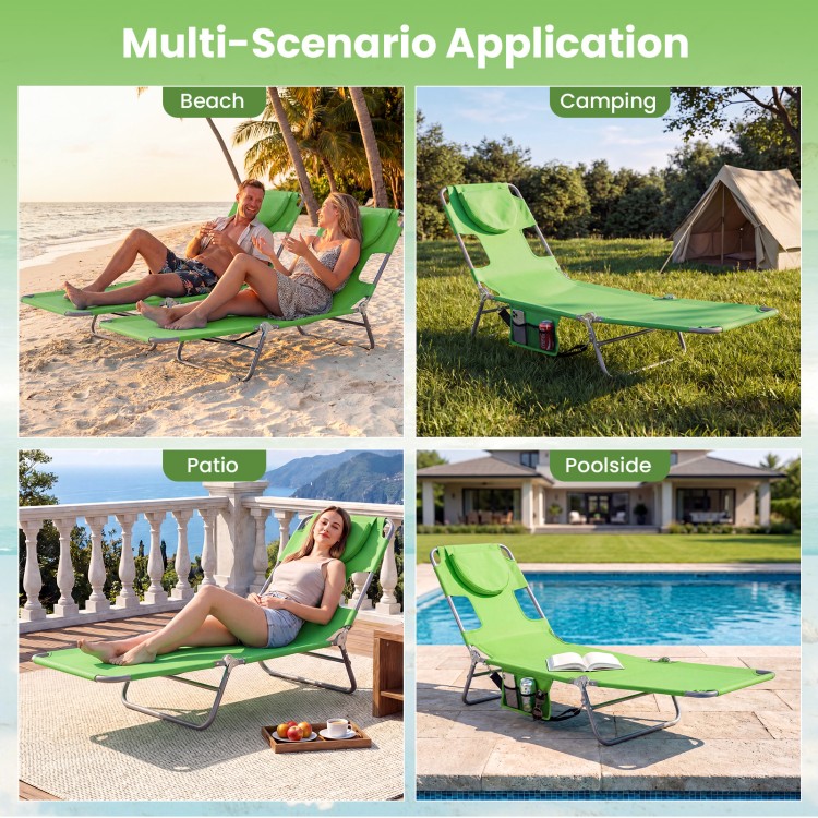 Folding beach lounge chair in lawn-green with adjustable backrest, ideal for beach, pool, camping, or patio relaxation.