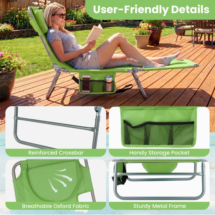Folding beach lounge chair in lawn-green with adjustable backrest, sturdy metal frame, and handy side storage pocket.