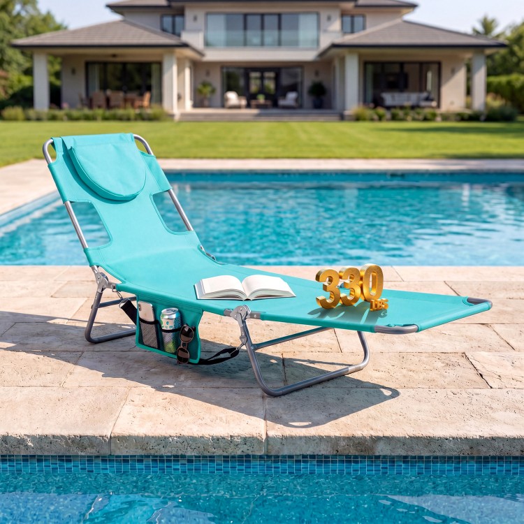 Light green folding beach lounge chair with adjustable backrest, supports 330 lbs, ideal for poolside relaxation.
