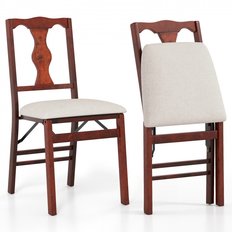 Set of 2 brown folding dining chairs with upholstered padded seats and ergonomic backrests for comfort and support.