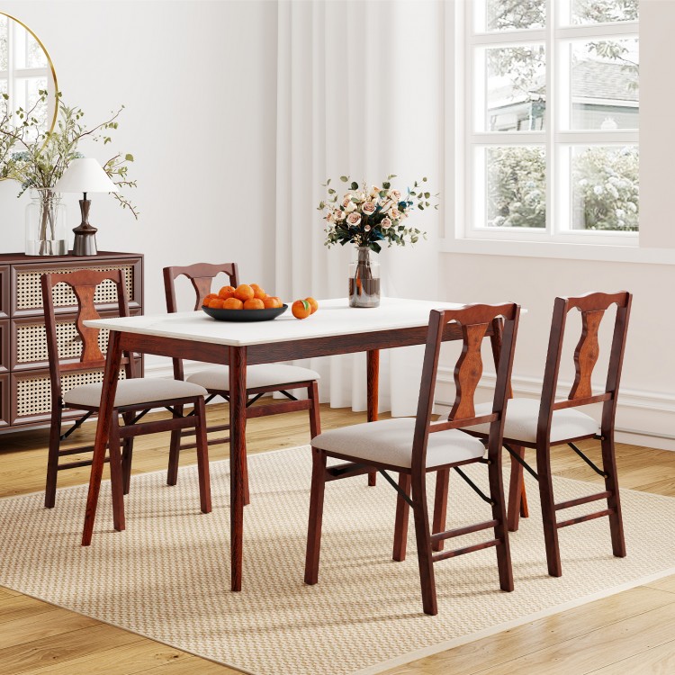 Set of two brown upholstered folding chairs with comfy padded seats, perfect for dining and easy storage.