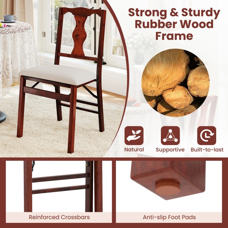 Folding dining chair set with brown upholstered seats, rubber wood frame, and ergonomic backrest for optimal support.