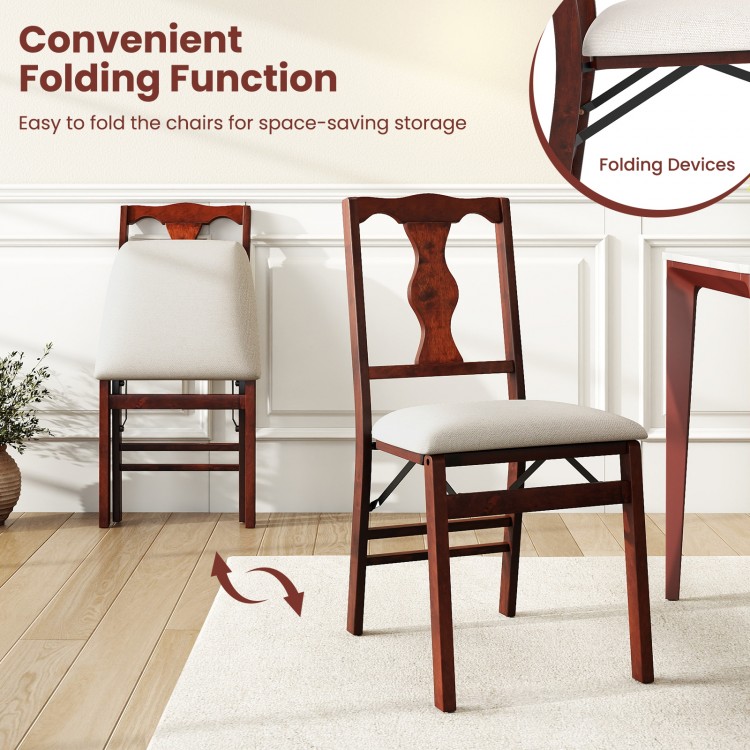 Set of 2 brown folding dining chairs with upholstered padded seats, featuring ergonomic backrest and easy storage.