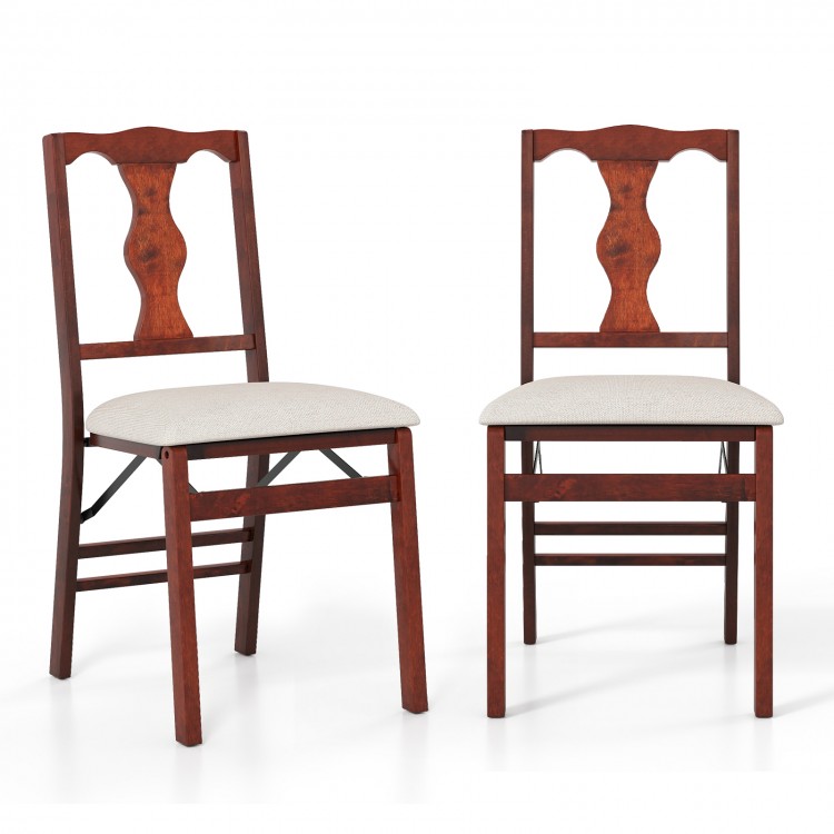 Set of 2 brown folding dining chairs with upholstered padded seats and ergonomic backrests for optimal comfort.