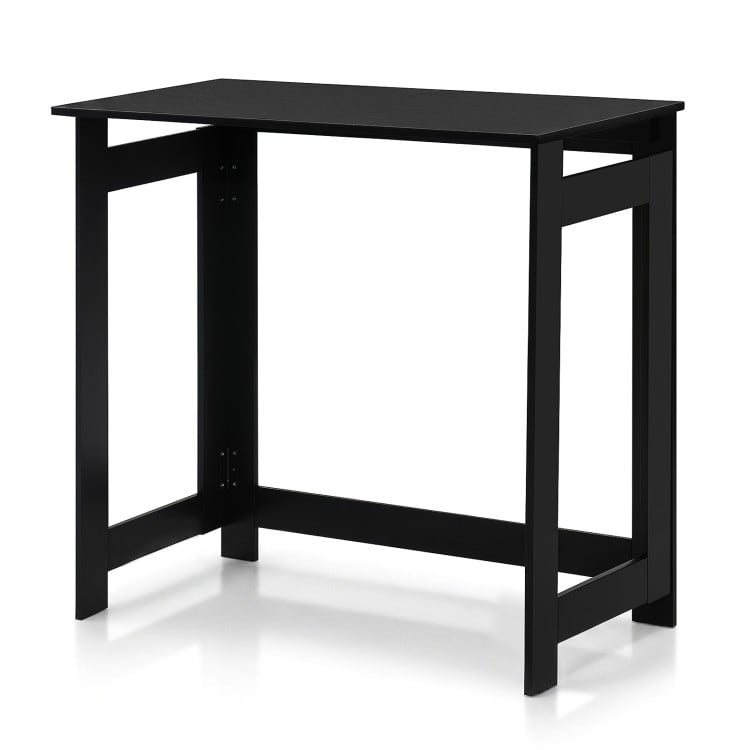 Black folding console table with foldable legs, spacious tabletop, and sturdy design for versatile use in any room.