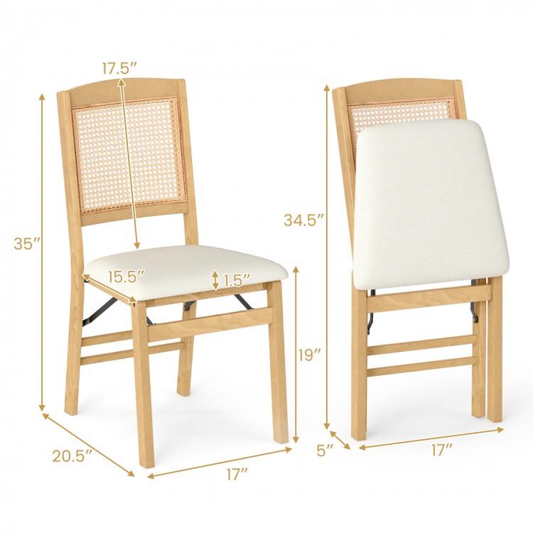 Folding dining chair set with natural rubber wood frame and linen padded seat, ideal for kitchen or dining room use.