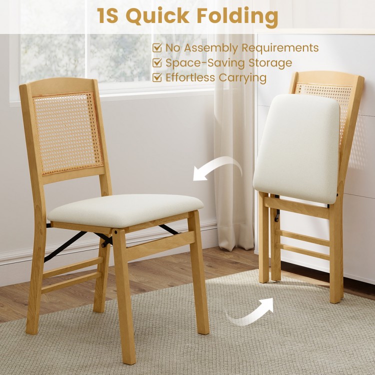 Folding dining chairs set of 4 with rubber wood frame and linen padded seats, perfect for space-saving storage.