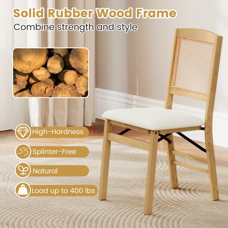 Folding dining chair with natural rubber wood frame, linen padded seat, and rattan backrest, perfect for dining rooms.