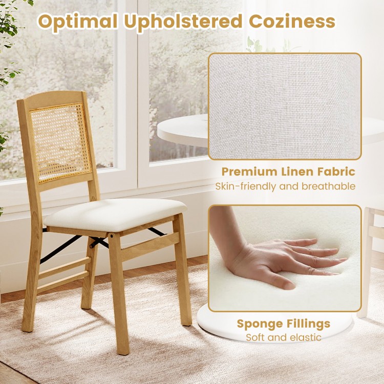 Folding dining chair with natural rubber wood frame and breathable linen padded seat, ideal for kitchen or dining room.