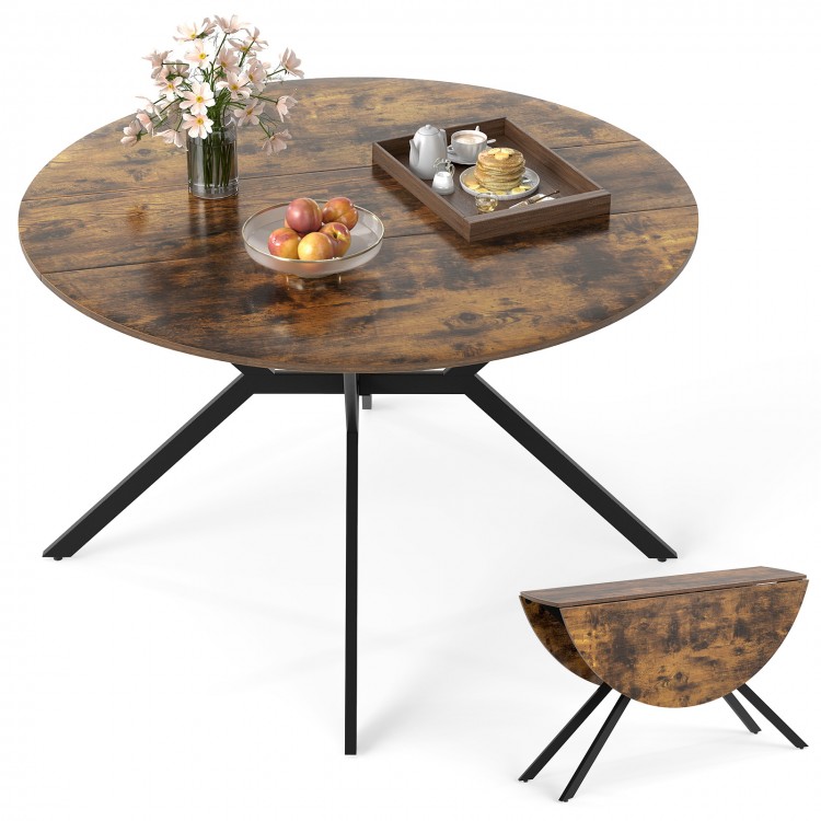 Folding dining table with a rustic brown MDF top and X-shaped metal frame, ideal for compact spaces and versatile use.