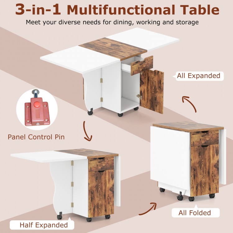 Folding dining table in half-expanded view, featuring a wood-like texture and lockable wheels for versatile use.