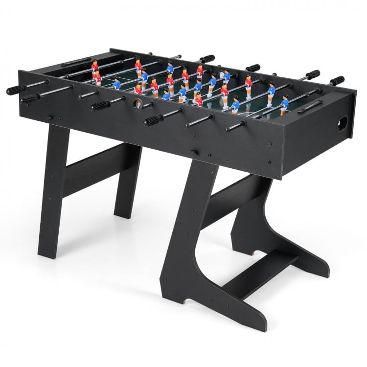 Folding foosball table in black with 22 players, slide scorers, and sturdy legs for space-saving family fun.