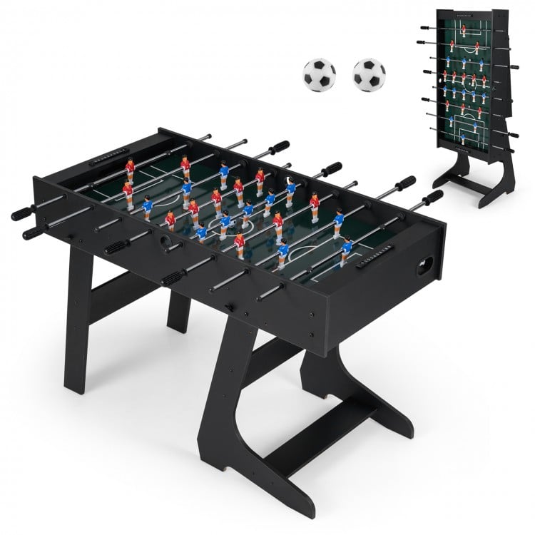 Folding foosball table in black with 22 players, slide scorers, and realistic soccer field graphics for family fun.