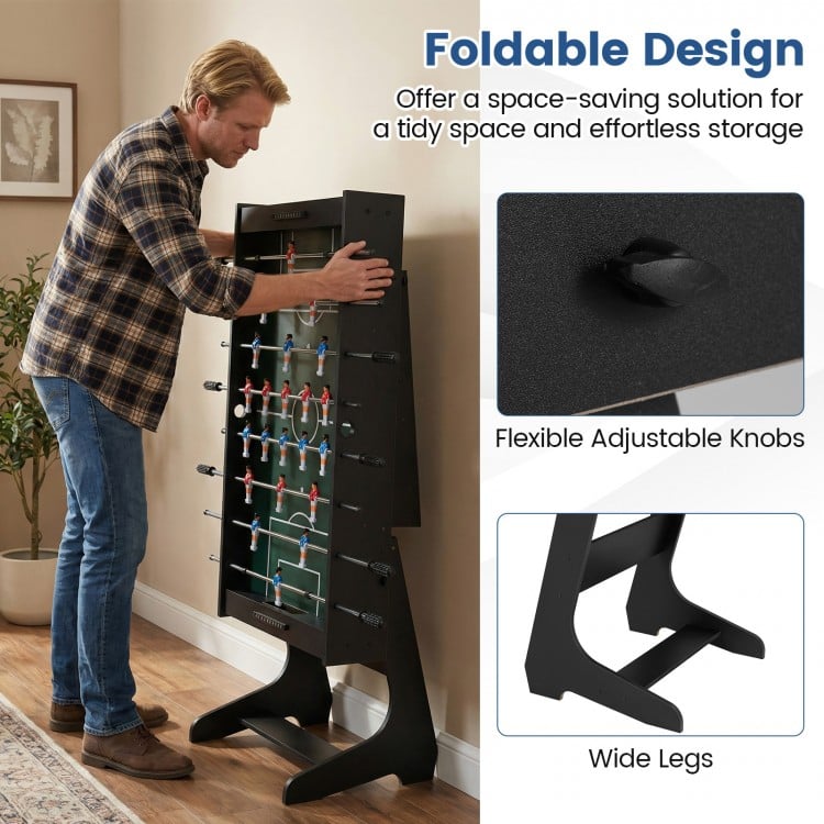 Folding foosball table in black with 22 players, featuring a space-saving design and sturdy legs for stability.