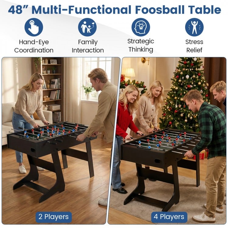 Folding foosball table with 22 players and slide scorers, ideal for family fun and space-saving in game rooms.