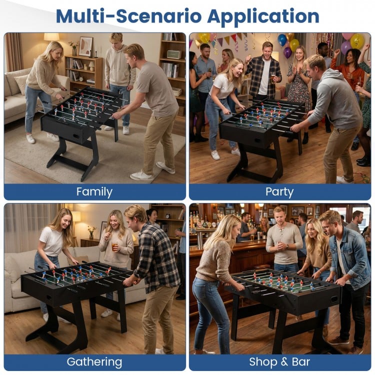 Folding foosball table with 22 players and slide scorers, ideal for family gatherings and parties, featuring a.