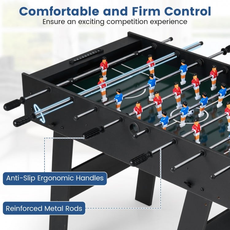 Folding foosball table with 22 players, anti-slip handles, and reinforced metal rods for smooth gameplay in black.