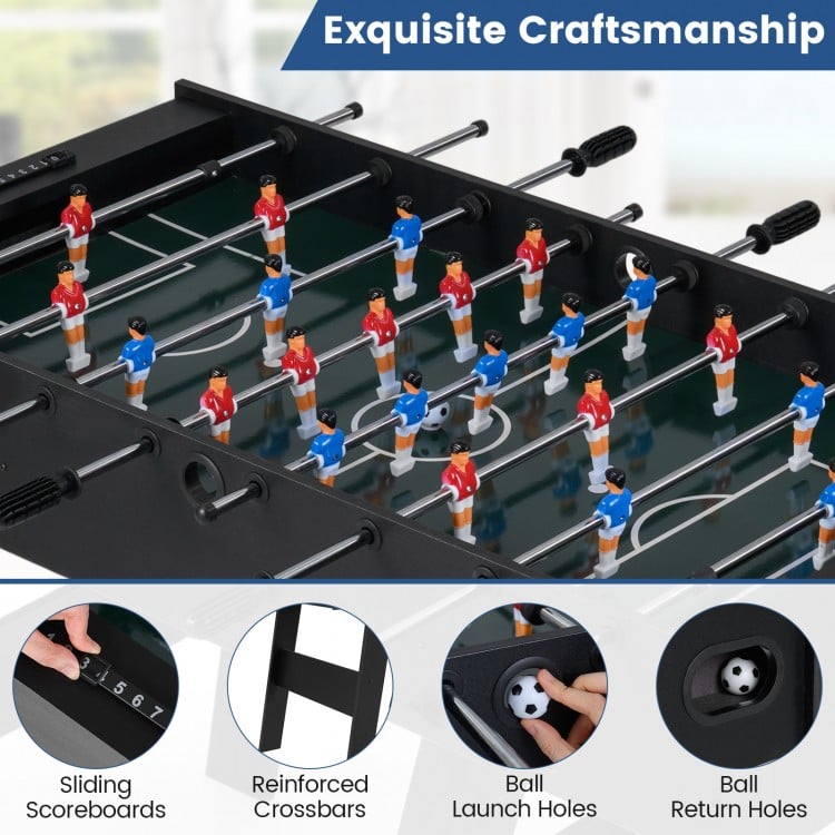 Folding foosball table with 22 players, slide scorers, and reinforced crossbars for space-saving game play.