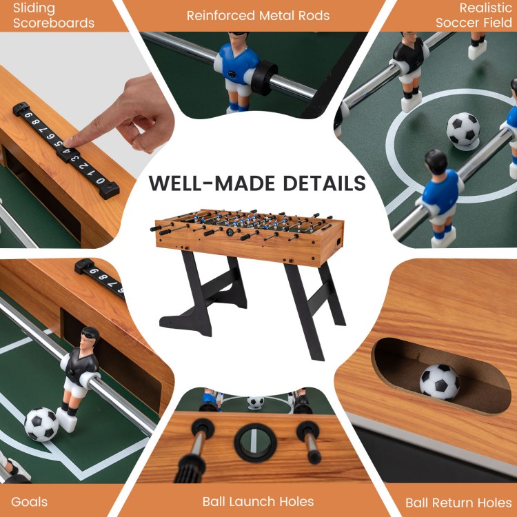 Folding foosball table with realistic soccer field, reinforced metal rods, and dual slide scorers for fun gameplay.