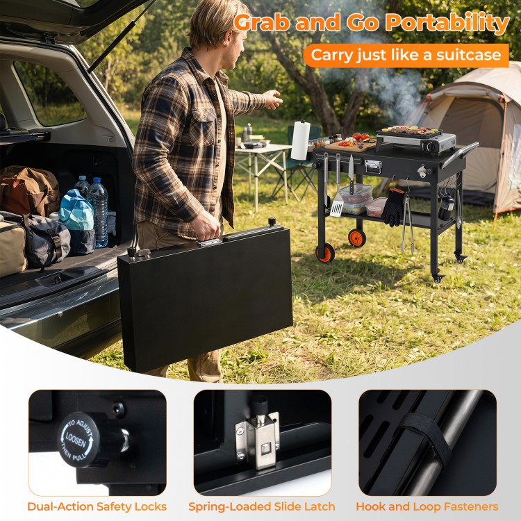 Folding grill cart with spacious countertop, safety locks, and portable design for outdoor cooking convenience.