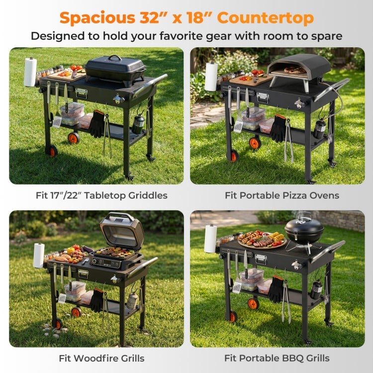 Folding grill cart features a spacious 32" x 18" countertop, designed for 17"/22" griddles and portable BBQ grills.
