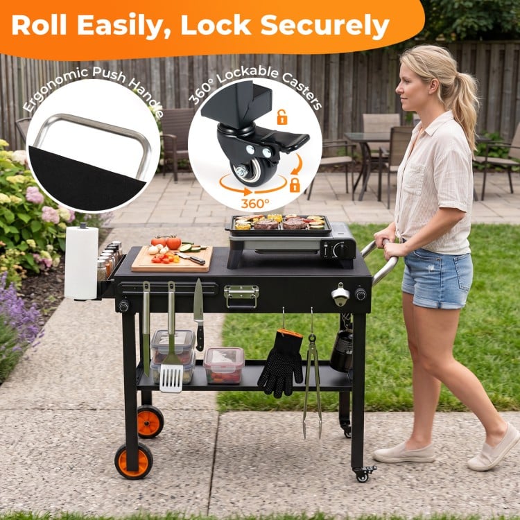 Folding grill cart with a 32" x 18" countertop, ergonomic push handle, and 360° lockable casters for outdoor cooking.