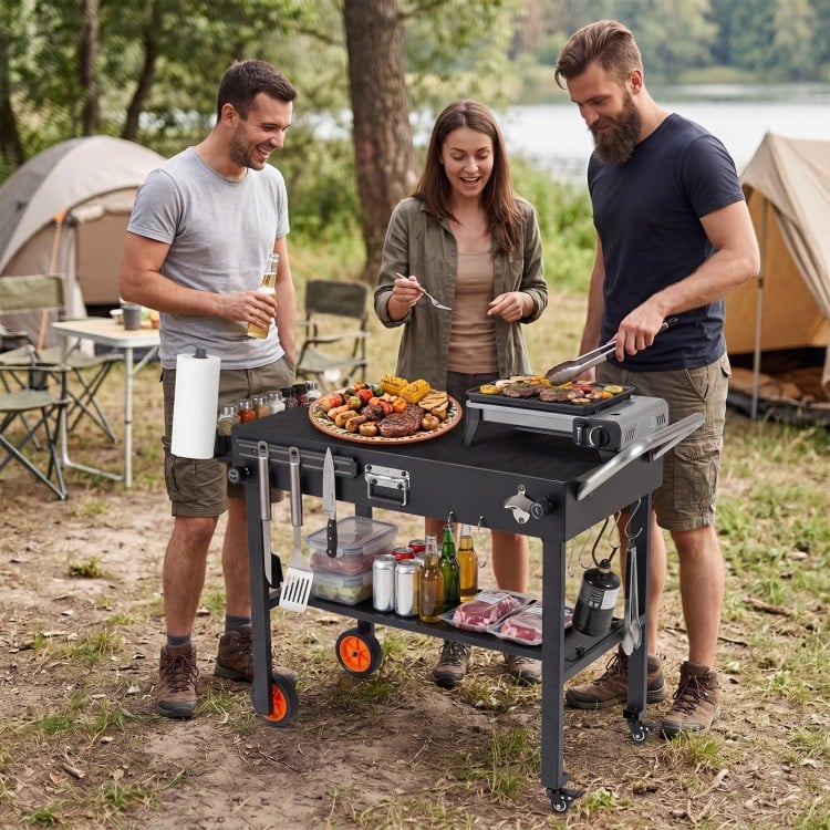 Folding grill cart with a spacious 32" x 18" countertop, designed for 17"/22" griddles, ideal for outdoor cooking.