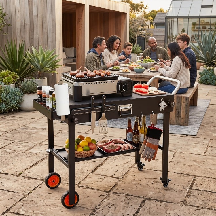 Folding grill cart with a spacious 32" x 18" countertop, designed for 17"/22" griddles, perfect for outdoor cooking.
