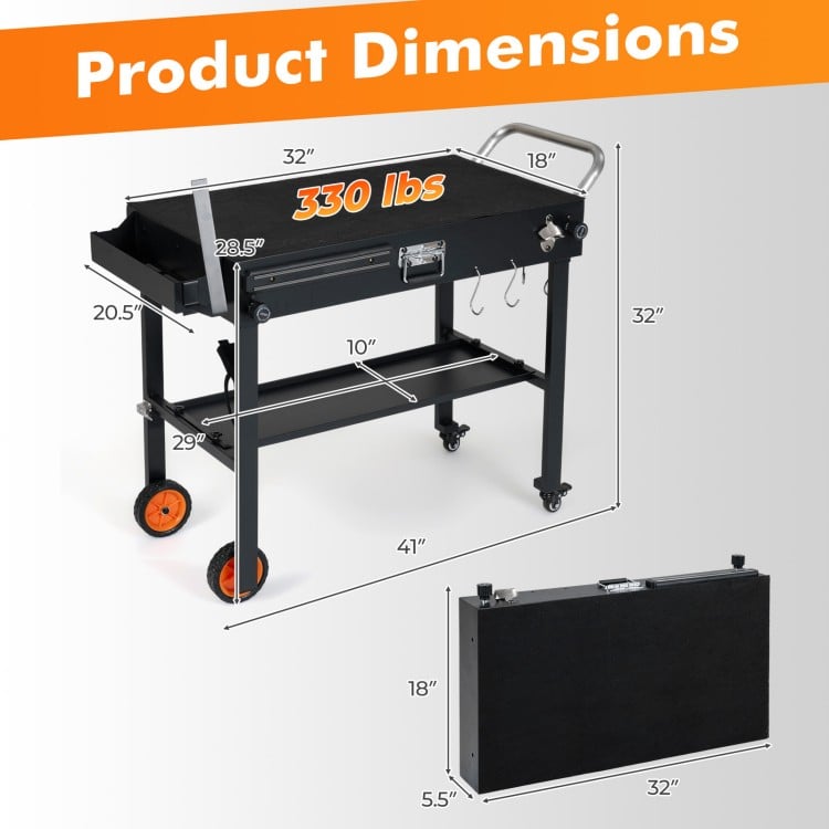 Folding grill cart for 17 and 22 inch griddles features a 32" x 18" countertop and supports 330 lbs for outdoor cooking.