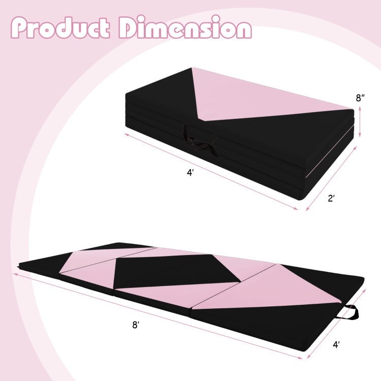 Folding gymnastics mat with pink and black design, featuring high-density foam for protection and compact storage.
