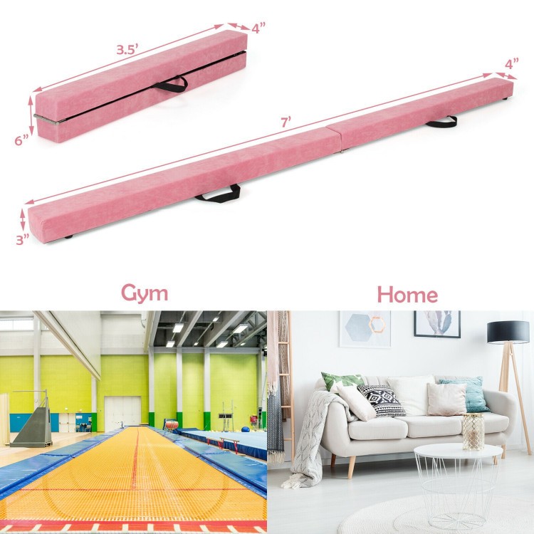 Folding gymnastics mat and portable balance beam set in pink, featuring high-density foam and waterproof cover for.