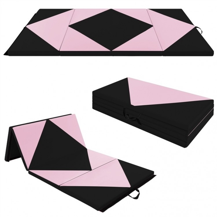 Folding gymnastics mat in pink and black, featuring high-density foam and a compact design for easy transport and.