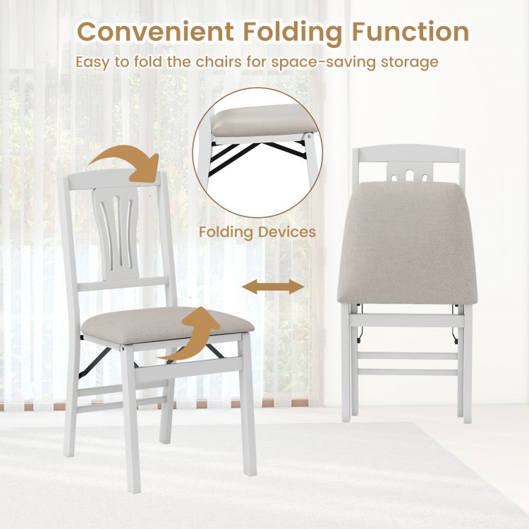 Folding kitchen chair set of 2 in white with padded seats, showcasing convenient folding function for easy storage.