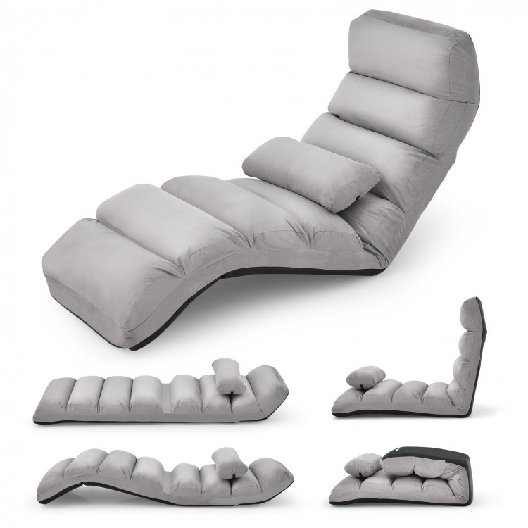 Folding lazy sofa couch in gray with adjustable positions and a pillow, perfect for gaming, TV watching, or reading.