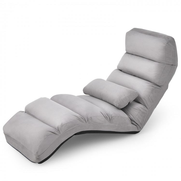 Side view of gray folding lazy sofa couch with pillow, showcasing its sleek design and versatility for relaxation or.