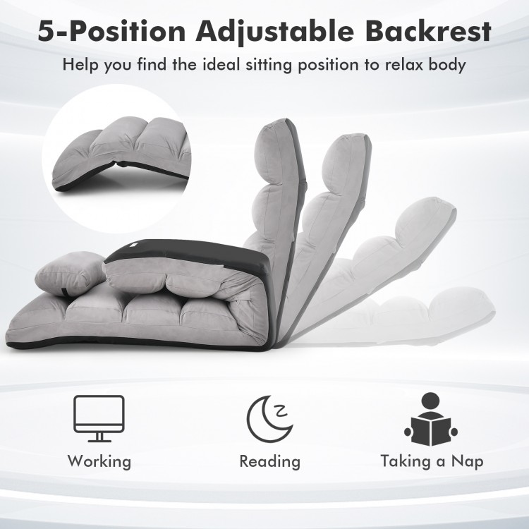 Folding lazy sofa couch in gray with adjustable backrest, ideal for gaming, reading, or relaxing at home.