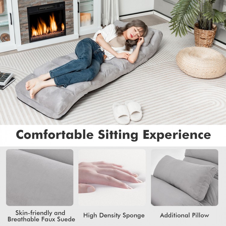 Folding lazy sofa couch in gray with adjustable positions and a pillow, ideal for gaming, TV watching, or reading.