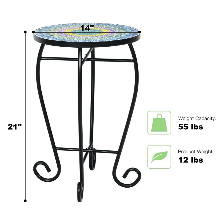 Round folding mosaic side table with ceramic tile top, 21" height, sturdy steel frame, ideal for indoor and outdoor use.