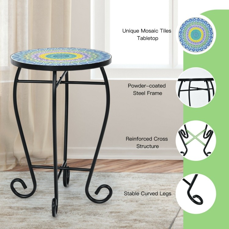 Folding mosaic side table with ceramic tile top and powder-coated steel frame, ideal for indoor and outdoor use.