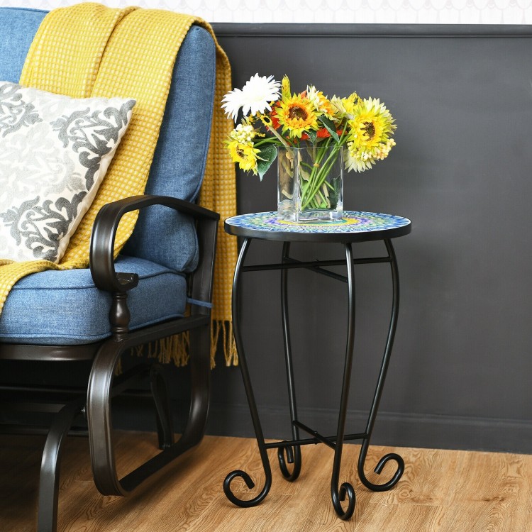 Mosaic side table with ceramic tile top and black steel frame, perfect for indoor or outdoor use beside a sofa.