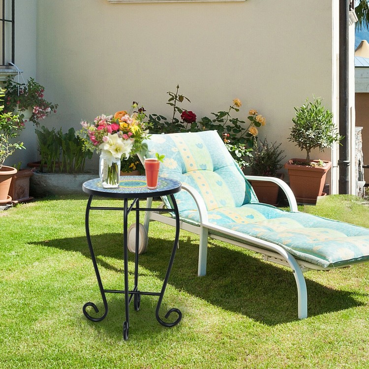 Folding mosaic side table with ceramic tile top, perfect for outdoor use beside a lounge chair or as a plant stand.