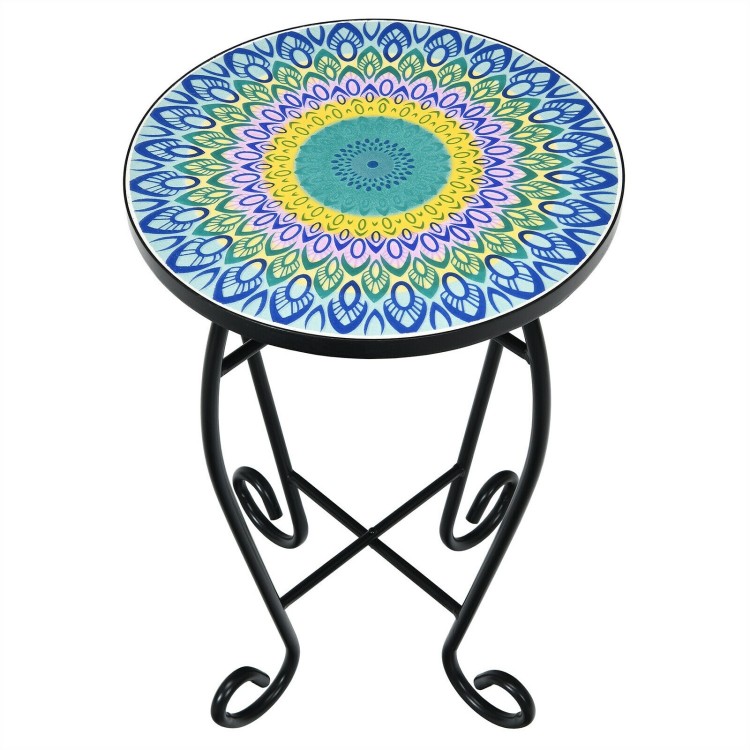 Round folding mosaic side table with ceramic tile top and black steel frame, perfect for indoor or outdoor use.