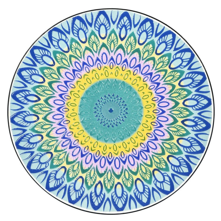 Round mosaic side table featuring a colorful ceramic tile top, ideal for indoor or outdoor use beside a sofa or.