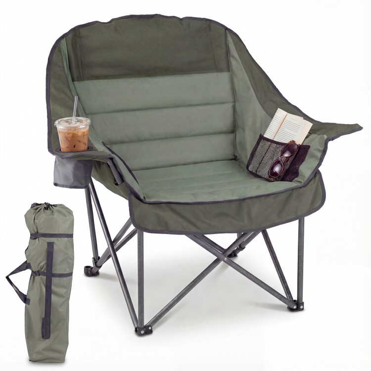 Oversized green folding camping chair with side pockets and cup holder, featuring a padded seat for outdoor comfort.