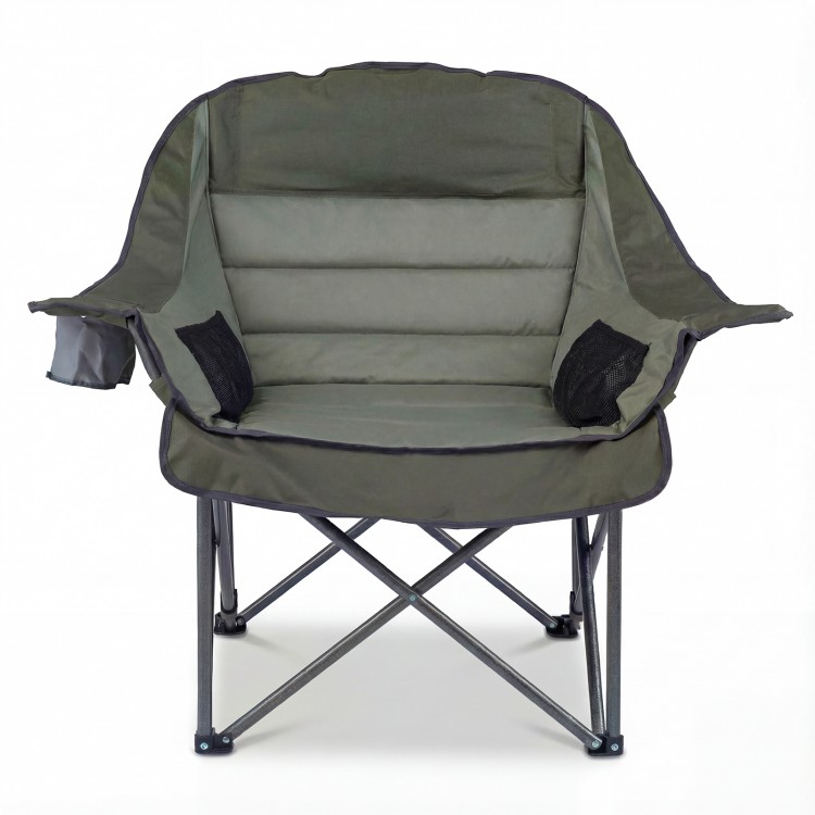 Oversized green folding camping chair with padded seat, side pockets, and cup holder for outdoor comfort.