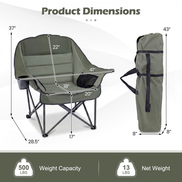 Folding oversized camping chair in green with side pockets and cup holder, featuring a heavy-duty frame for outdoor use.