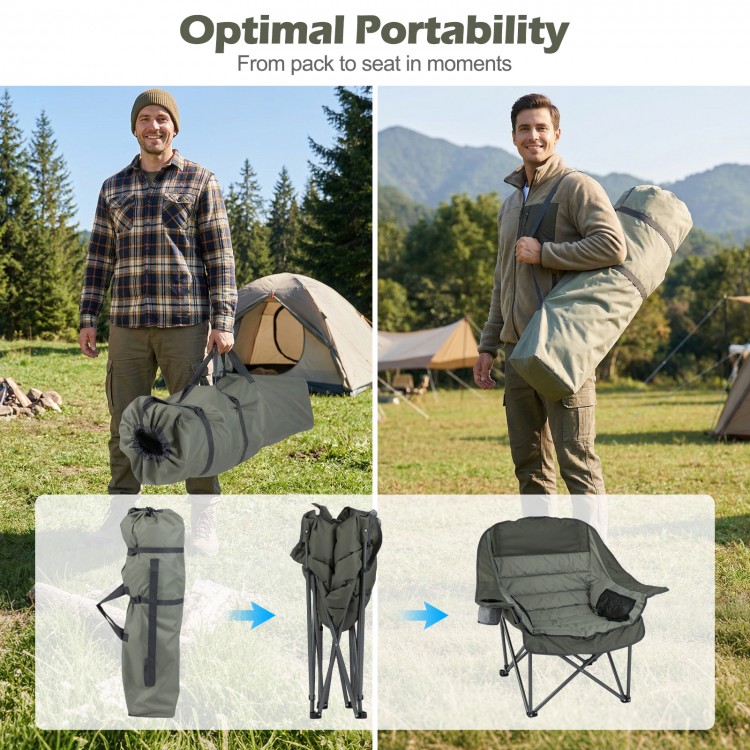 Folding oversized camping chair in green with side pockets and cup holder, showcasing quick-folding design for easy.