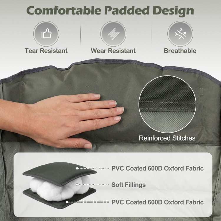Close-up of the padded seat of the green folding oversized camping chair, featuring PVC coated 600D Oxford fabric and.